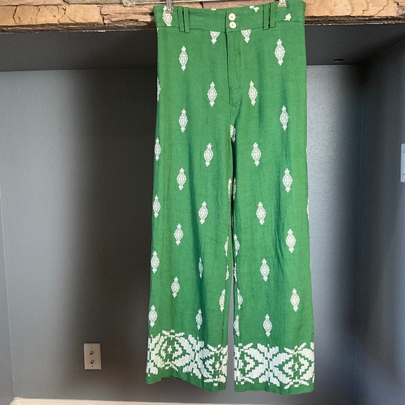 Zara Linen Embroidered Wide Leg Pants Lounge Travel Resortwear Green White S - Picture 2 of 10